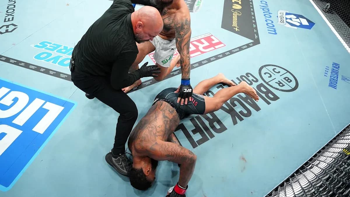 Referee assisting fallen fighter in octagon Referee assisting fallen fighter in octagon