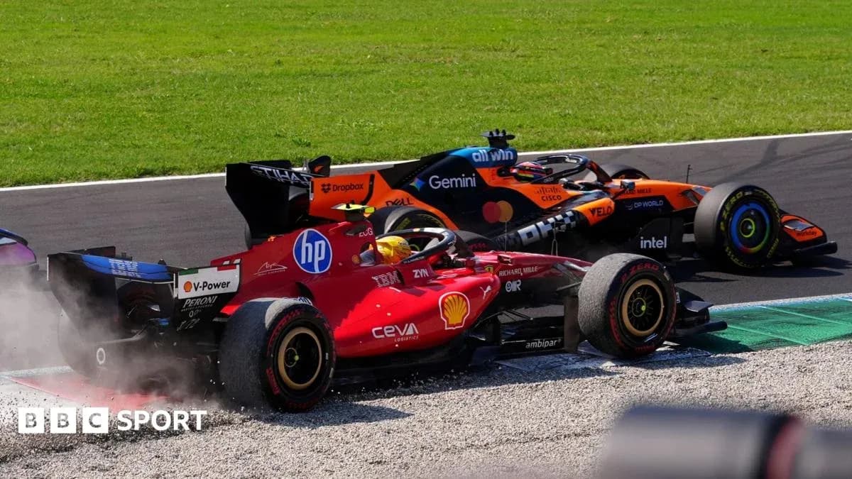 Ferrari and McLaren cars competing on track Ferrari and McLaren cars competing on track