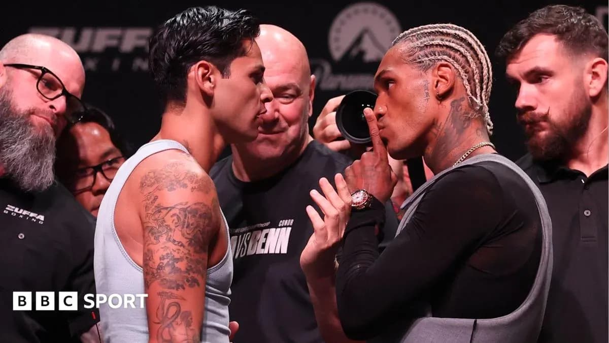 Two boxers facing off at weigh-in event Two boxers facing off at weigh-in event