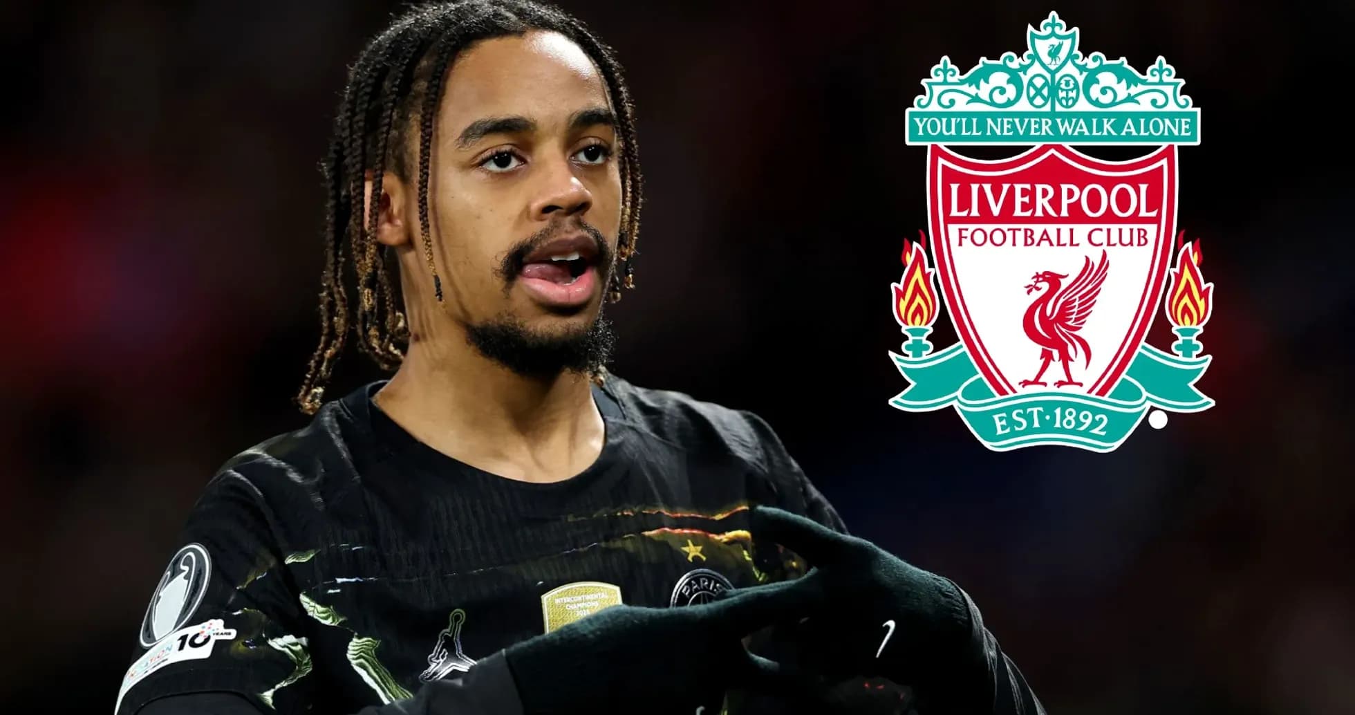 Player gesturing during match with Liverpool logo overlay Player gesturing during match with Liverpool logo overlay