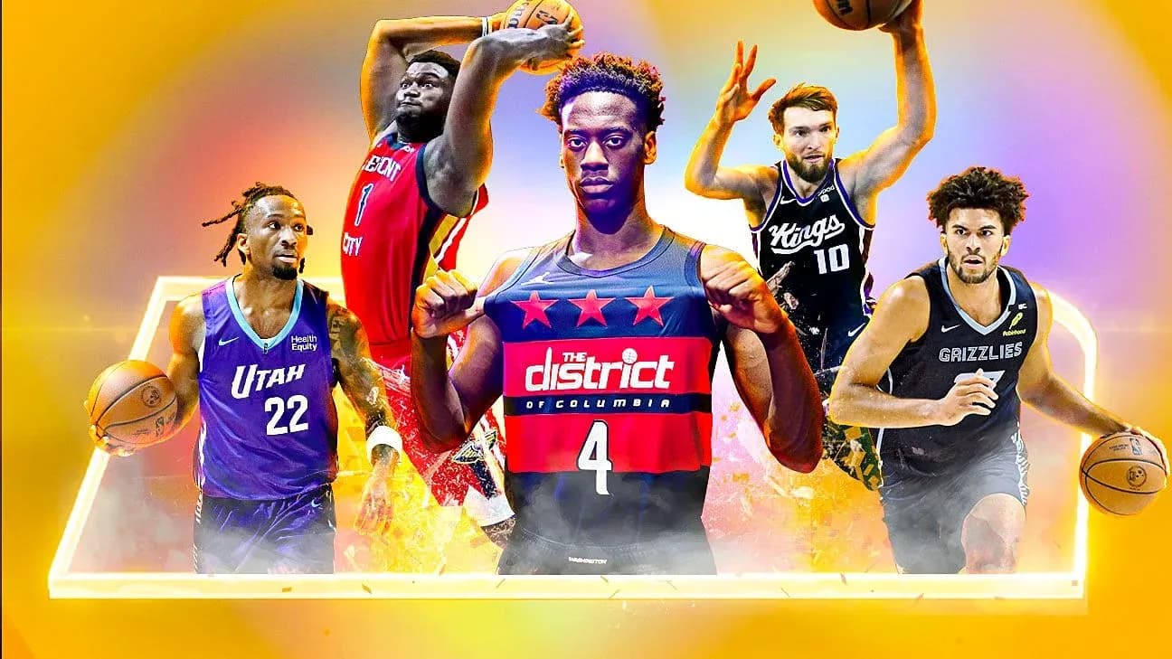 Five basketball players from different teams posing together Five basketball players from different teams posing together