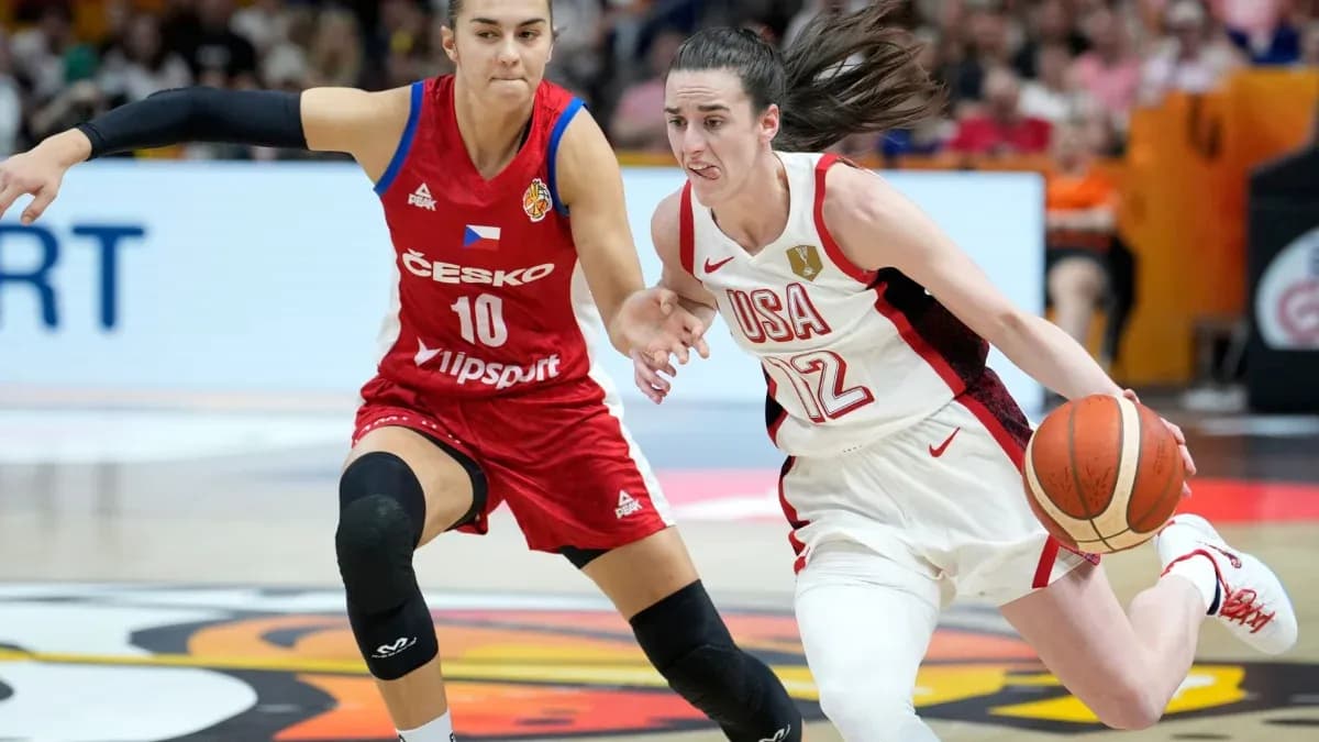 USA player dribbling past Czech player in game USA player dribbling past Czech player in game